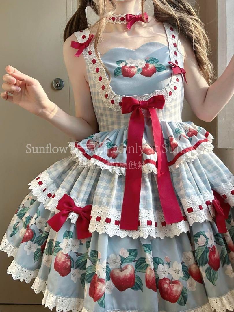 ♥ ロリータ りんご柄ギンガムJSK 水色×赤リボン 甘ロリ撮影お出かけにも◎