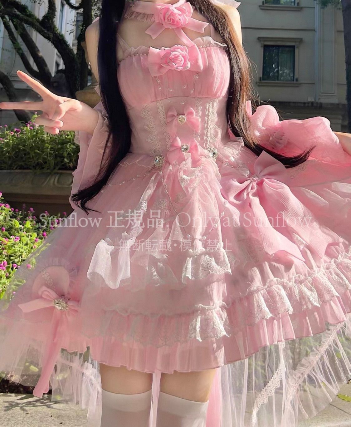 ピンク 透け感 天使系ロリータ ワンピース ドレス フリル 高低差スカート リボン付き 甘ロリ 撮影衣装 フォーマル ゴシック風 ロリータ ロリィタ 界隈 渋谷 原宿 コンカフェ 推し活 コスプレ 姫系 サブカル