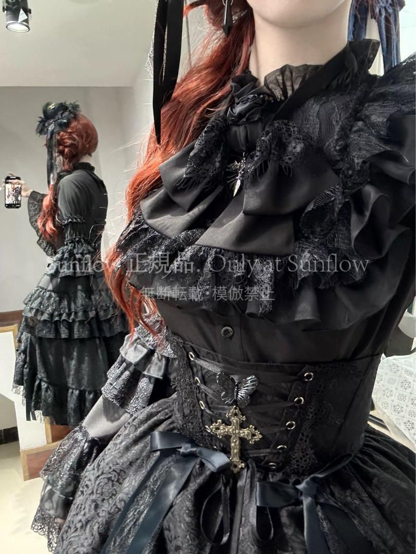 黒ゴスロリ ロリータ3点セット ゴシック スカート 姫袖ブラウス