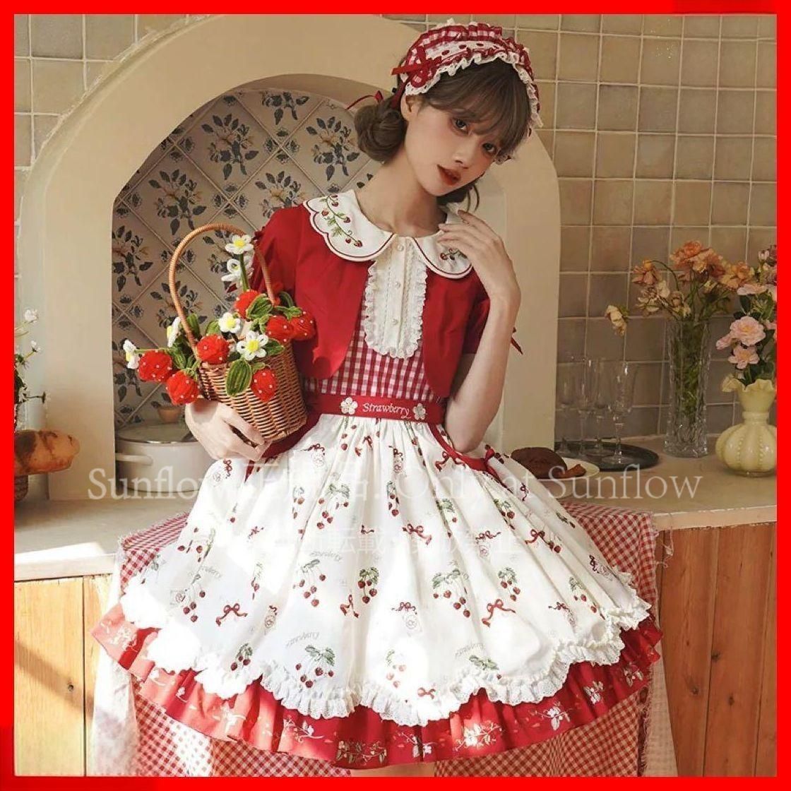 ♥ 可愛いイチゴ柄ロリータワンピースお出かけや女子会にぴったり