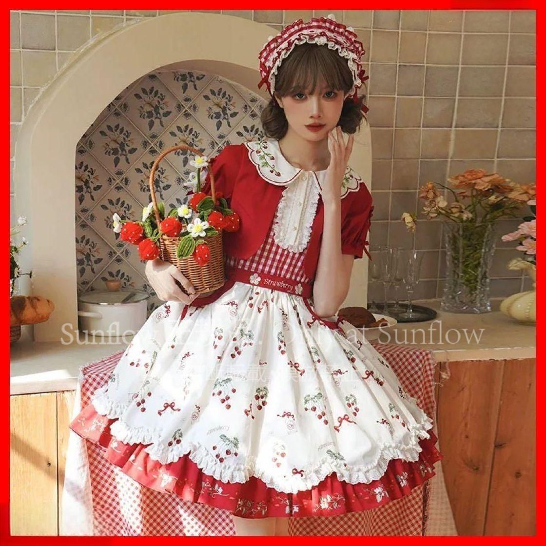 イチゴ柄ロリータワンピースお出かけや女子会にぴったり