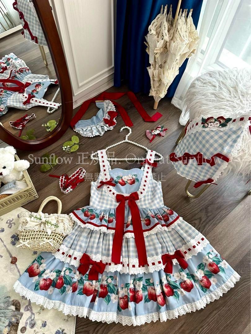 ロリータ りんご柄ギンガムJSK 水色×赤リボン 甘ロリ撮影お出かけにも