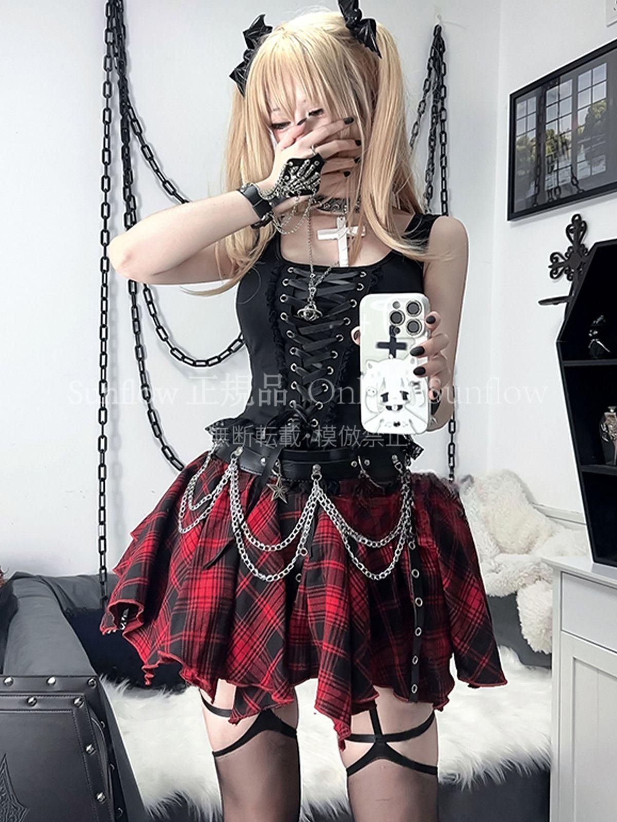 ♥ ゴシック風 アシンメトリー短スカートセット 上衣＋スカート＋ストッキング＋腰チェーン y 2 k辣妹セクシーコーデ 地雷系 撮影会 イベント用