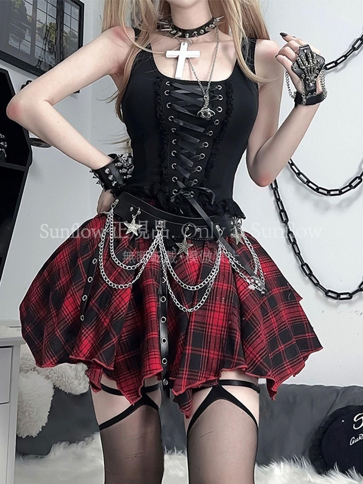 ゴシック風 アシンメトリー短スカートセット 上衣 スカート ストッキング 腰チェーン y 2 k辣妹セクシーコーデ 地雷系 撮影会 イベント用