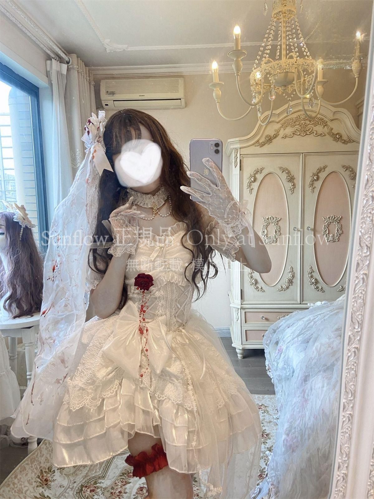 ゴスロリ ロリータ オリジナル Lolita 純欲ブラッドキス ゴシック花嫁ドレス レースネットワンピース ベルト付き 胸針プレゼント 別売