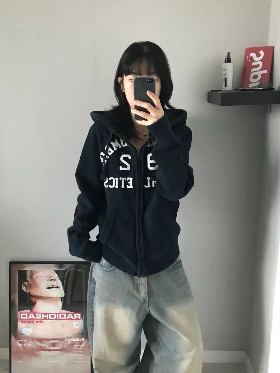 アバクロンビー ヘビーコットン 刺繍 ロゴ ネイビー フードジップアップ