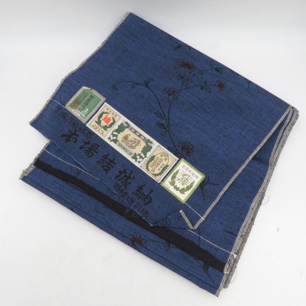 反物 紬 結城紬 着尺 正絹 紺色x黒色 花模様 女性着物用 箱付き 証紙