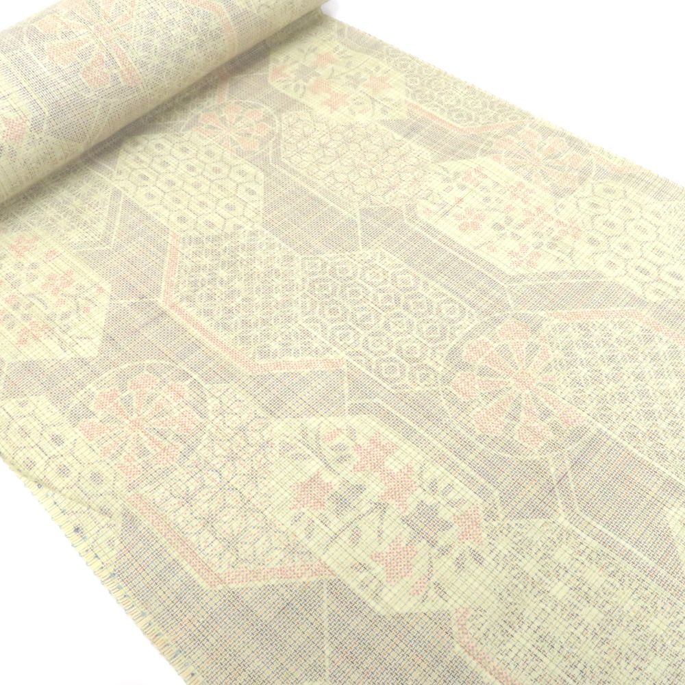 反物 紬 着尺 正絹 ベージュ系 亀甲・源氏車・麻の葉 女性着物用 生地