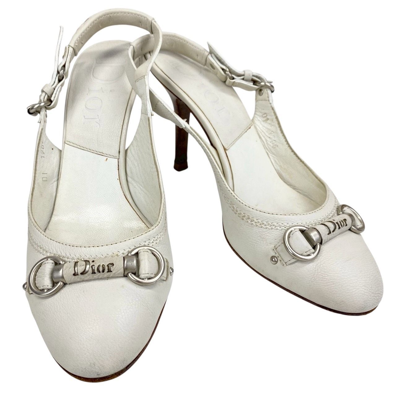 B 4203 Christian Dior クリスチャンディオール ミュール ハイヒール ピンヒール ホースビット スリングバッグ レザー 白