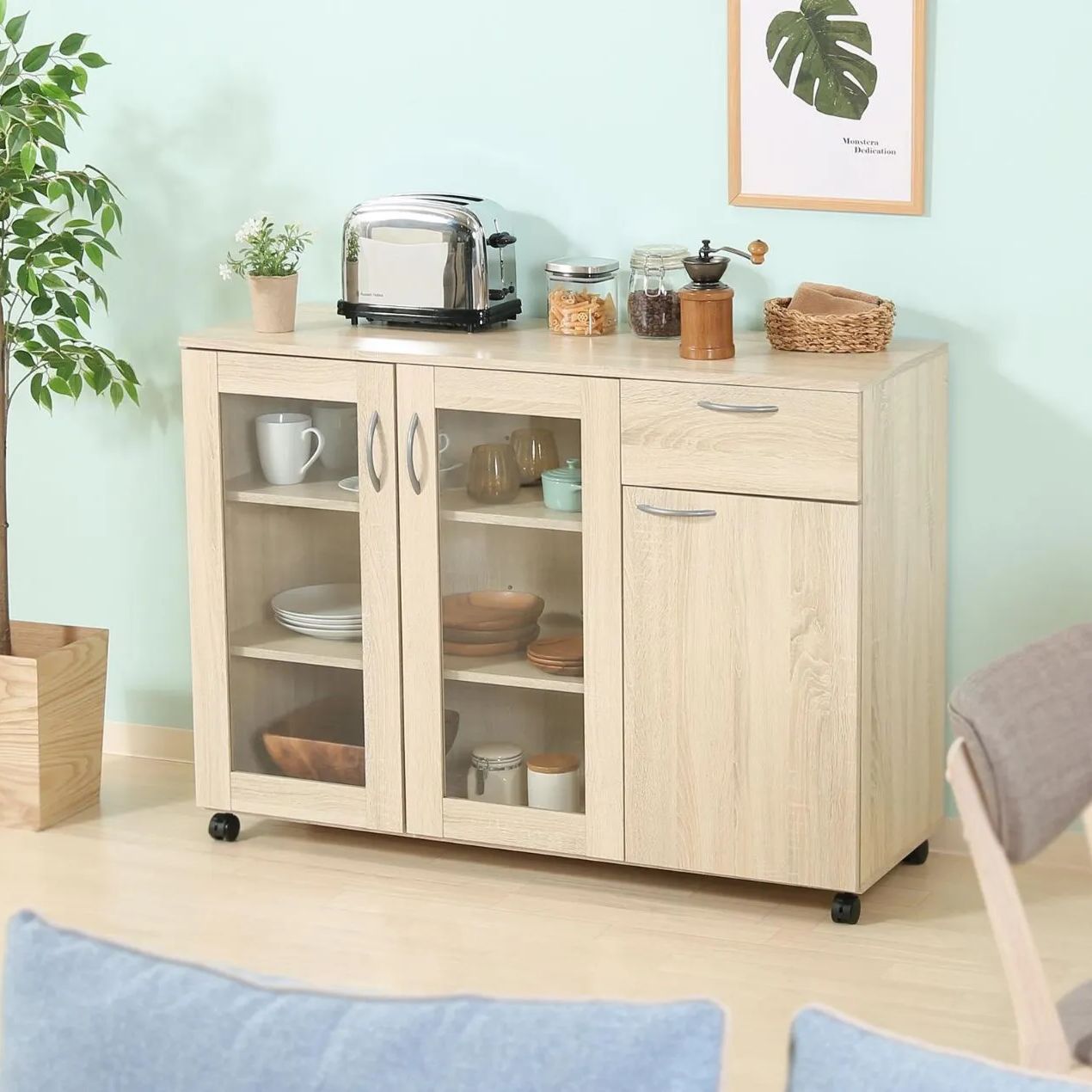 ナチュラル キッチンカウンター 幅115 cm キッチンボード 食器棚 キッチン収納 カウンター 引き出し式シンク下収納 食器棚 キッチンカウンター 