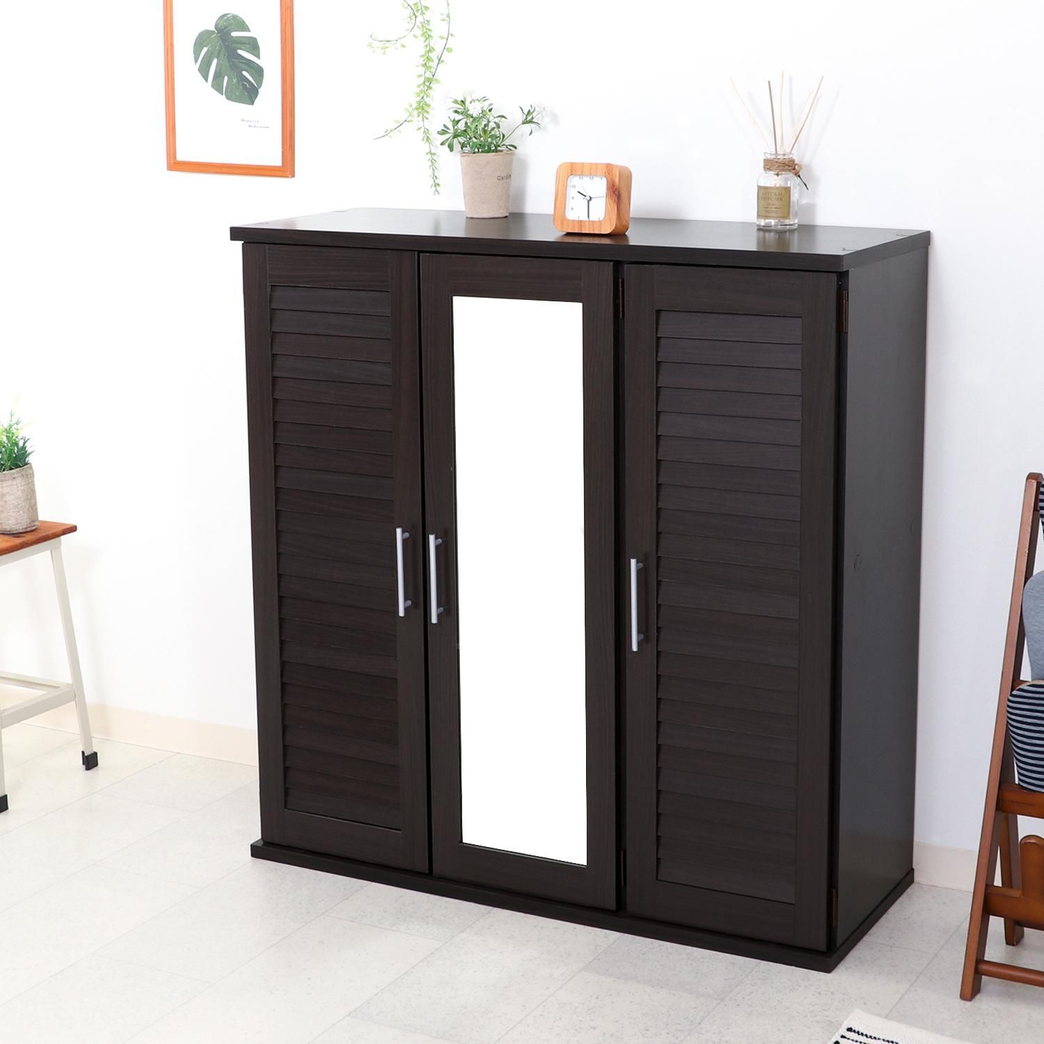 ルーバー ミラー付 シューズボックス 幅90 cm 下駄箱 シューズラック 靴箱 靴収納