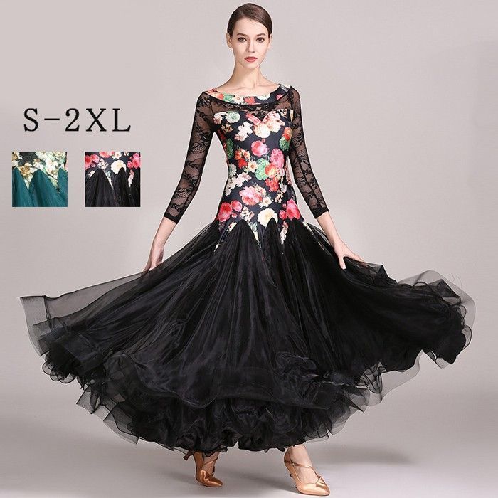 社交ダンス ドレス 社交ダンス衣装 長袖 初心者 花柄 練習着 広がる裾 発表会用 ワンピース パーティー スタンダード レッスン着 発表会 競技着 演出用 開場ドレス ワルツ ロング丈 オールシーズン グリーン ブラック