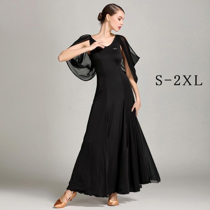 社交ダンス ドレス 社交ダンス衣装 長袖 黒 練習着 広がる裾 発表会用 ワンピース パーティー レッスン着 発表会 競技着 演出用 開場ドレス ワルツ ロング丈 オールシーズン ブラック