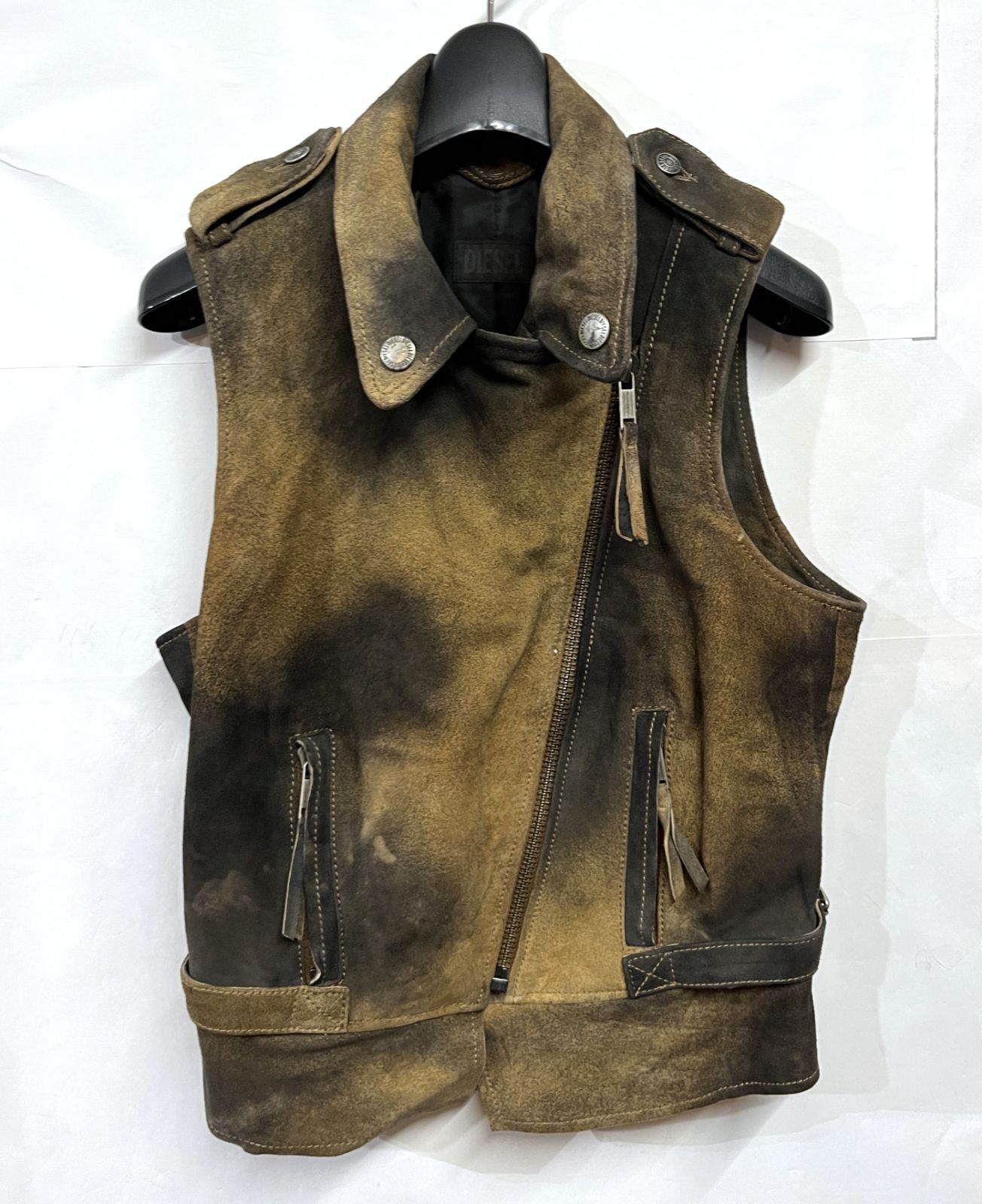 DIESEL｜ディーゼル ラムレザー スエード ヴィンテージ加工 ノースリーブ ライダースジャケット