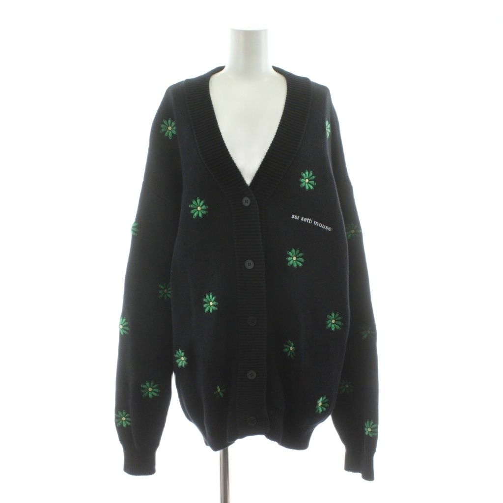 【美品】sss satti mouse 花刺繍 黒 ニットカーディガン Ｌ エスエスエス サッチ マウス sss satti mouse Flower LOGO cardigan