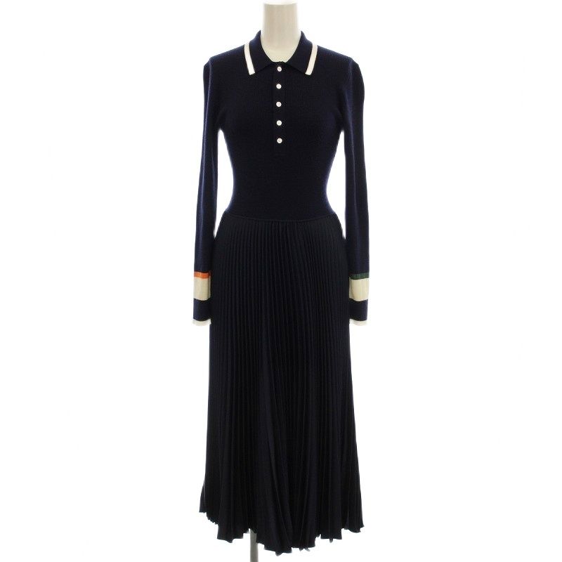 ポロ ラルフローレン POLO RALPH LAUREN ニット ポロシャツ ワンピース ロング プリーツ 長袖 XS ネイビー 紺 G