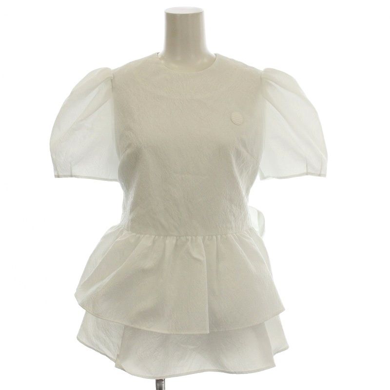 ボーダーズアットバルコニー BORDERS at BALCONY ジャガードペプラムトップス 花柄 シャツ ブラウス 半袖 パフスリーブ 36 白 ホワイト BD 2211 3 C 33 G