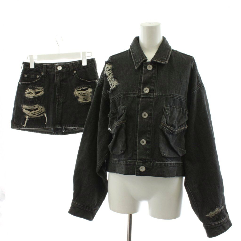 ジェイダ GYDA 25 AW セットアップ ZIP POCKETダメージショートデニムGジャン ハイウエストダメージスカートライクデニムショートパンツ ジージャン ハーフパンツ F S グレー |AN 51