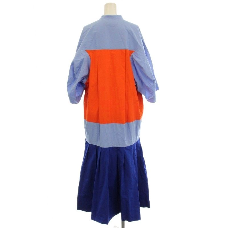 エンフォルド ENFOLD 配色 コットン タイプライター ワンピース 半袖 ロング 38 青 オレンジ -1480 G