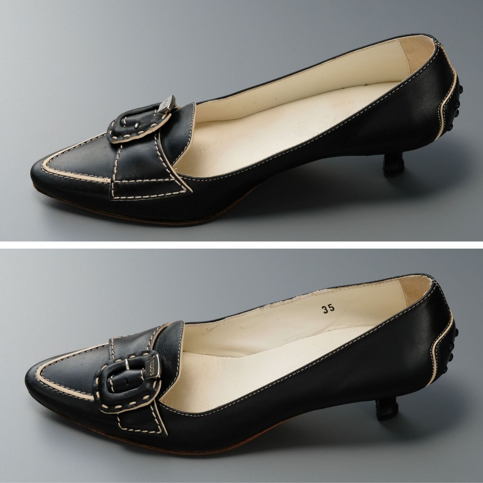 モデル トッズ TOD S パンプス ステッチ ローヒール ポインテッドトゥ ブラック シルバー金具 レザー 本革 35