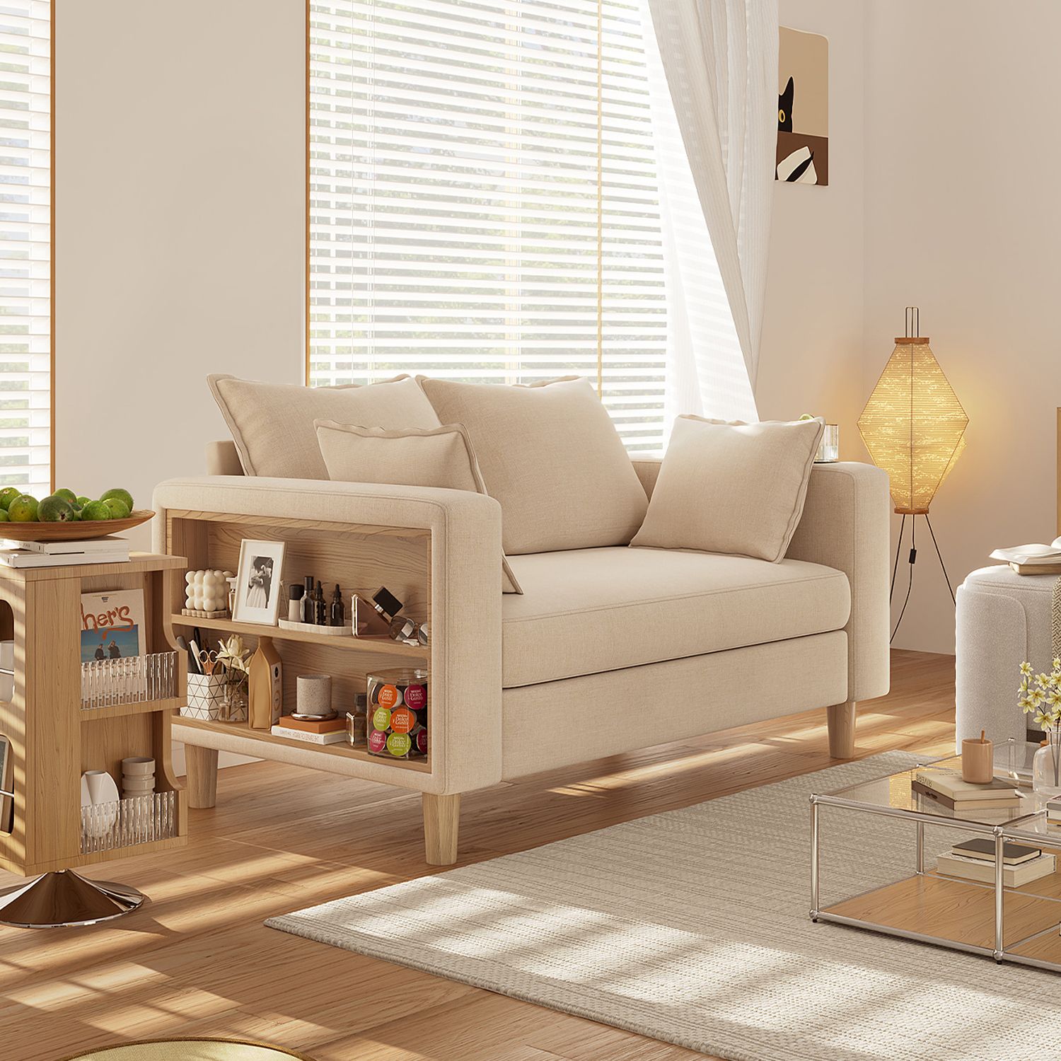 収納ソファー 2人掛け 多機能アームレスト カップホルダー付 幅123cm