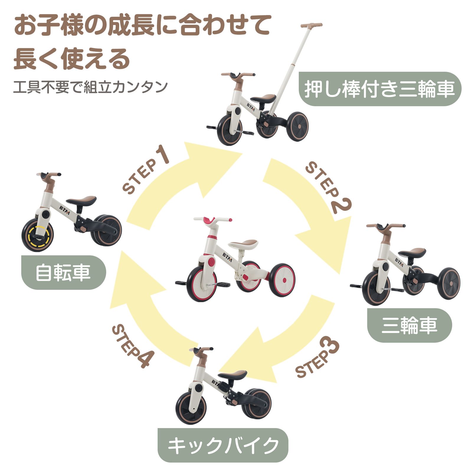 子供用三輪車 4in1 かじとり 足けりバイク ベビーカー 手押し棒 BTM 4y 