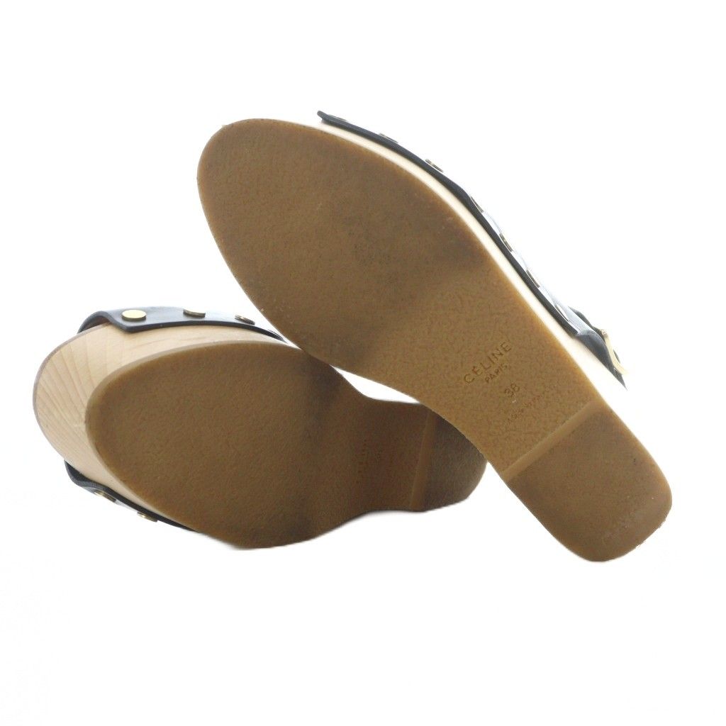 セリーヌ CELINE ウッドソール サンダル 38 24cm 黒 ブラック