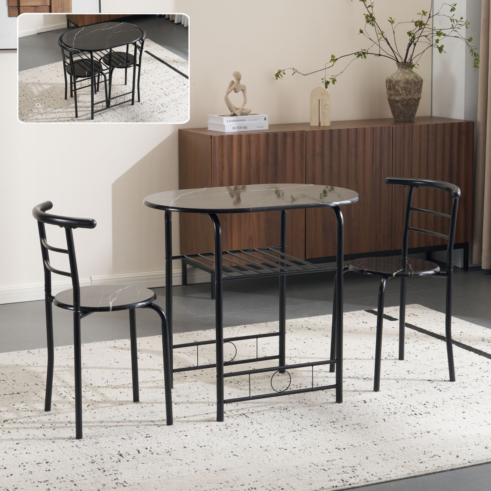 「数量限定セール」ダイニングテーブルセット 円形 3点セット コンパクト 食卓テーブル チェア2脚 2人用 おしゃれ ワンルーム 新生活 ブラック マットレス付き