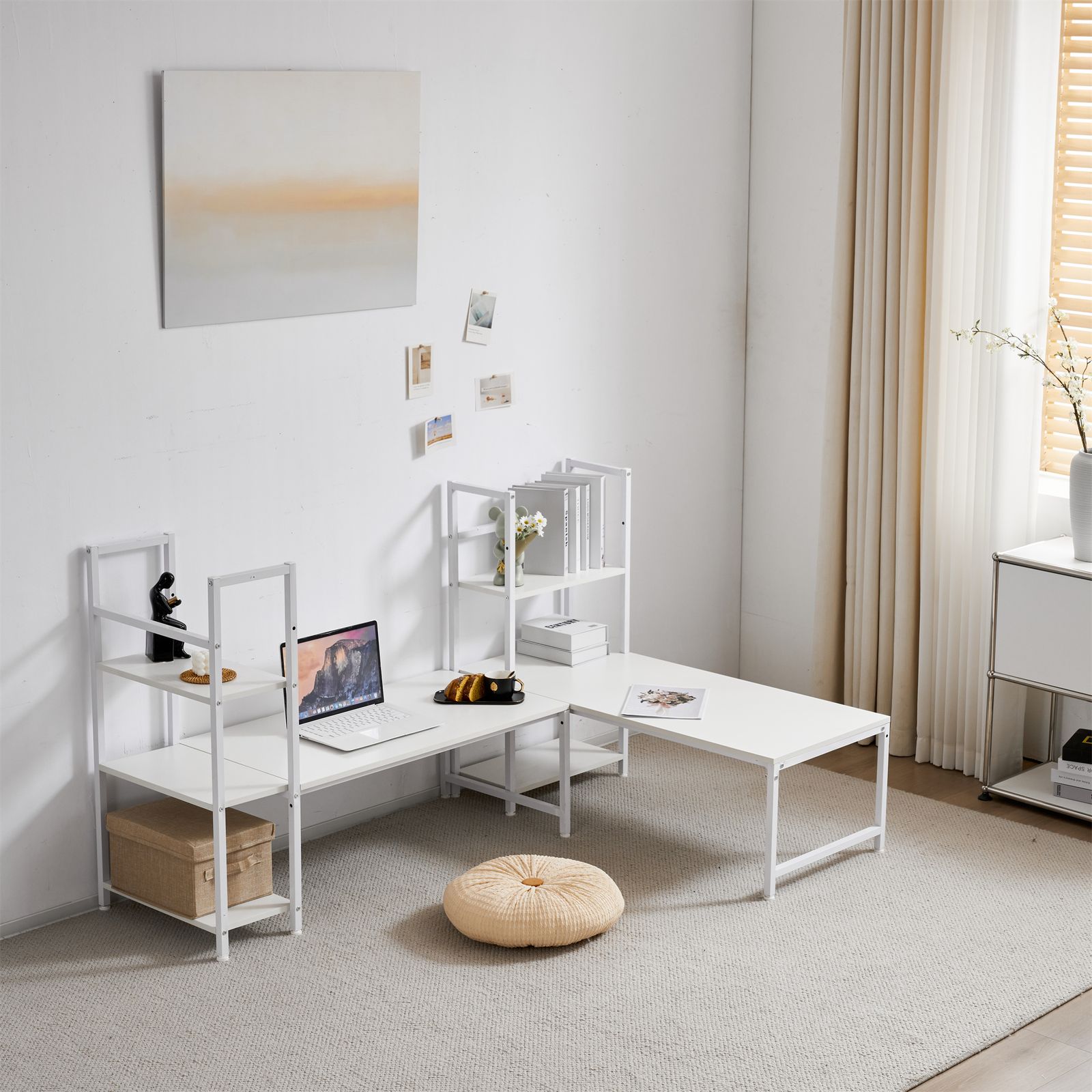 【ホワイト】H型PCデスク ロータイプ一体型ラック付きデスクワークデス木製 PCデスク H型 ロータイプ 一体型 ラック付き ワークデスク 木製 学習