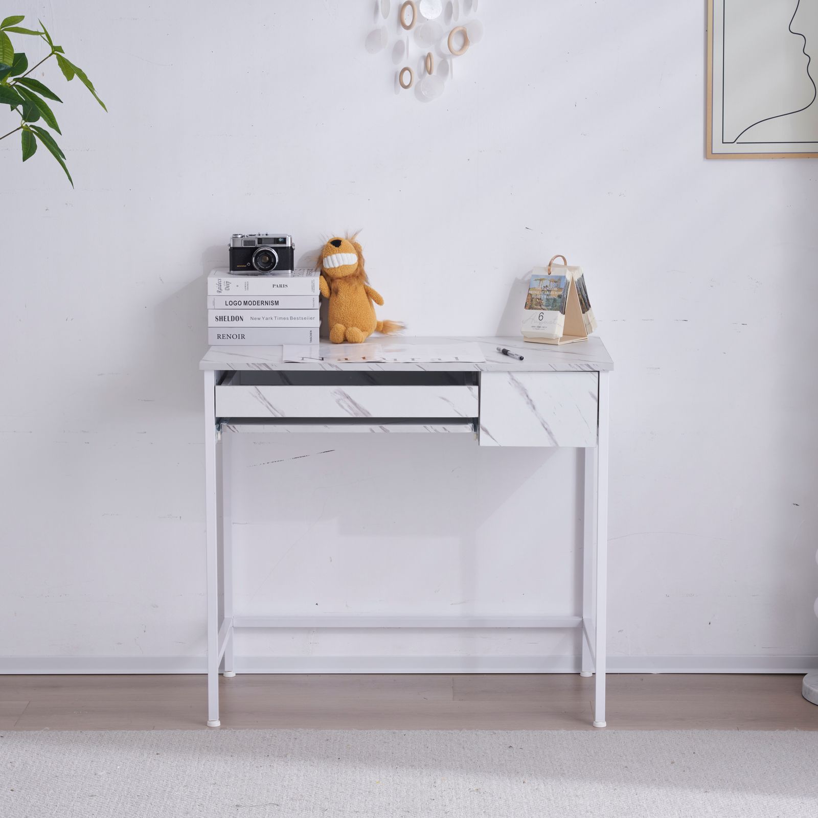 数量限定セール」パソコンデスク 大理石柄 ホワイト 引き出し付