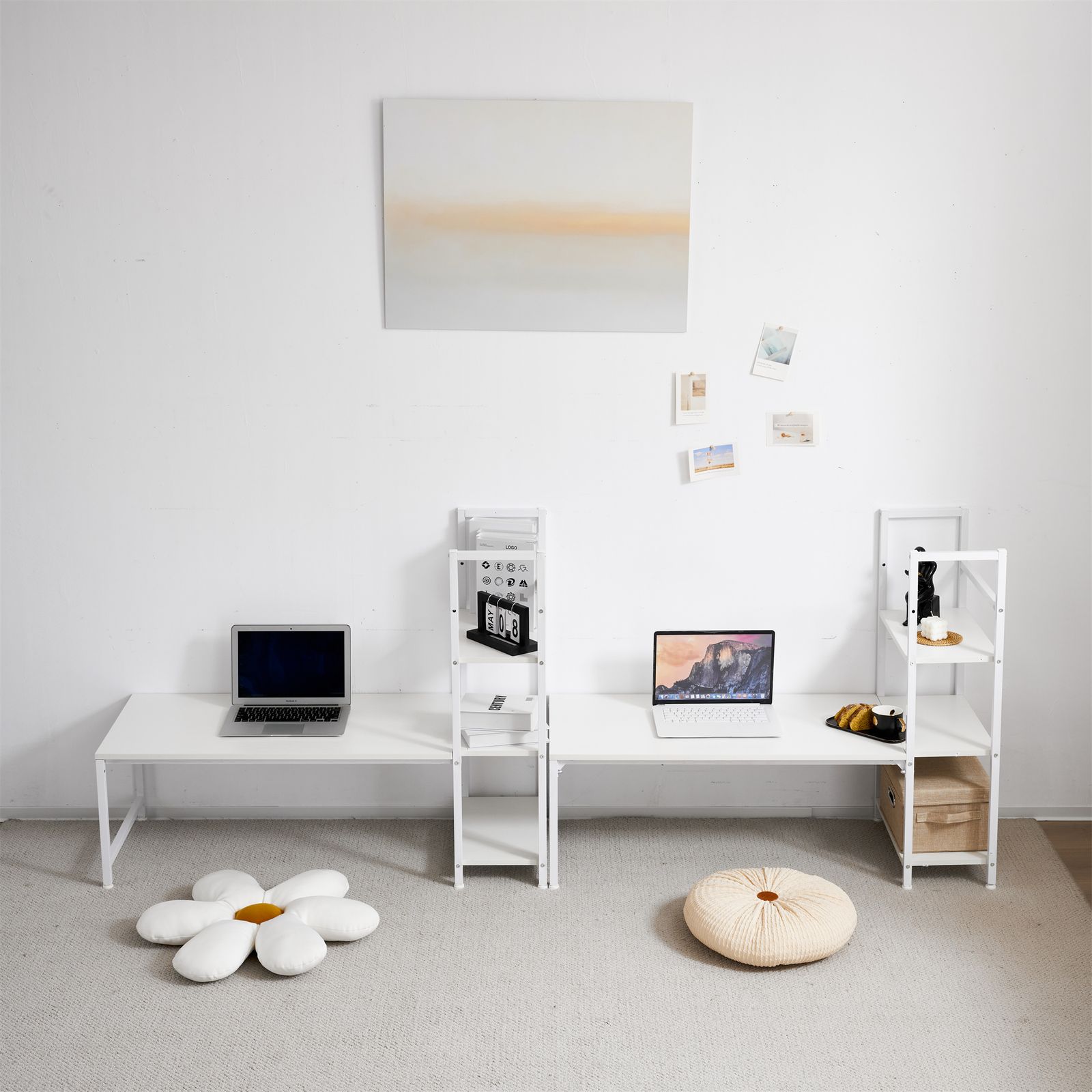 【ホワイト】H型PCデスク ロータイプ一体型ラック付きデスクワークデス木製 ホワイト】H型PCデスク ロータイプ一体型 ラック付き デスク ワーク