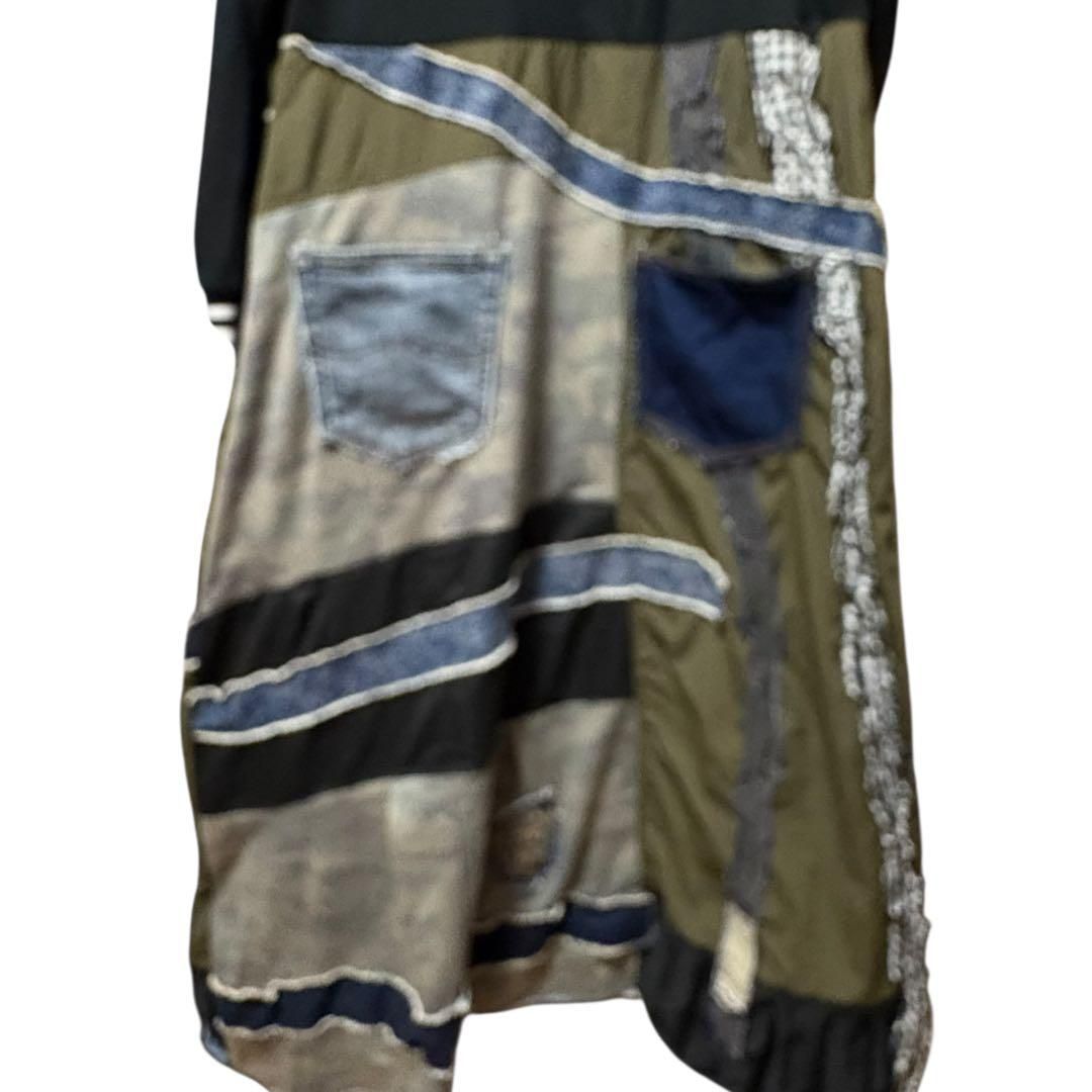  Ｌ うさぎデビル 黒トレーナー カーキデニムパッチワーク 古着リメイクワンピース ワンピース チュニック ファッション