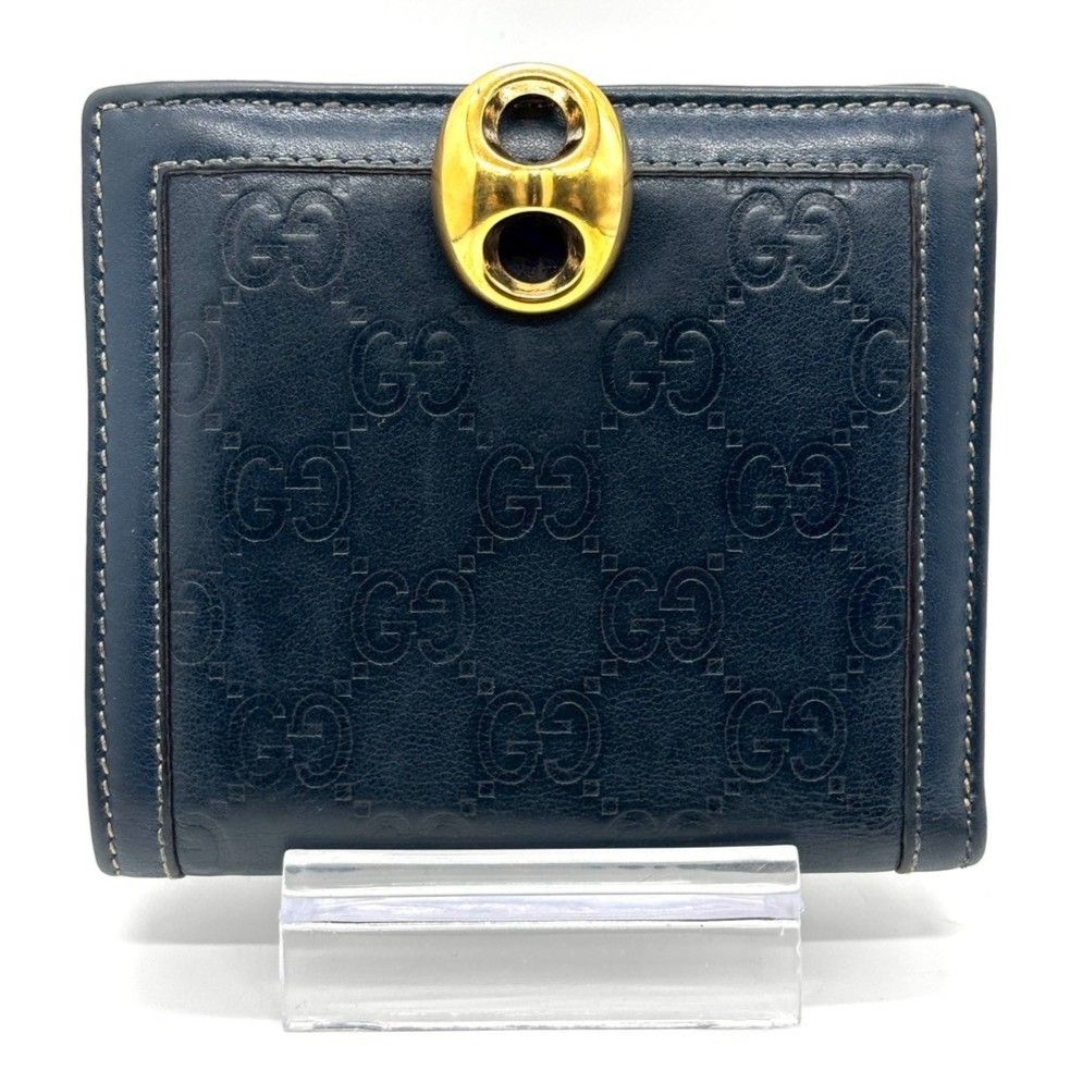  深み色に宿る上品さ GUCCI グッチ 二つ折り財布 グッチシマ ゴールド金具 クリップ式 本革 ヴィンテージ 属 ネイビー 二つ折り財布 折り財布