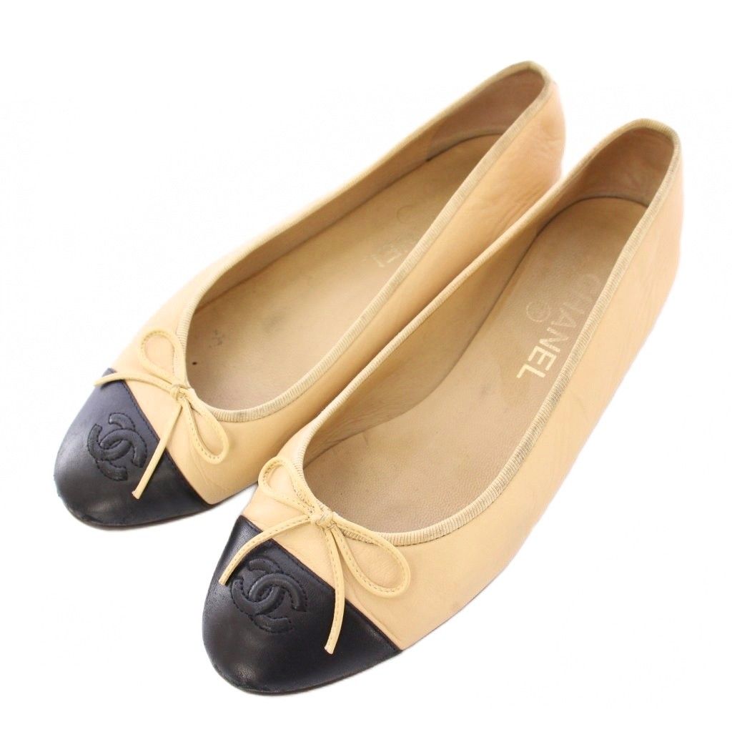シャネル CHANEL バレリーナ バレエシューズ パンプス ラウンドトゥ ローヒール ココマーク ロゴ バイカラー リボン 38.5 ベージュ 黒 ブラック |BB