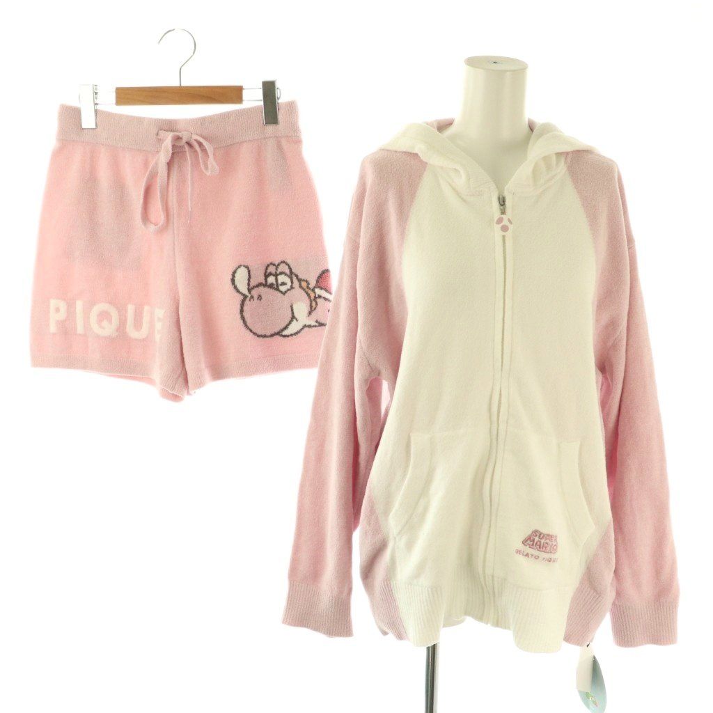 ジェラートピケ gelato pique ×スーパーマリオ ヨッシーパーカ-ショートパンツ セットアップ ルームウェア F ピンク ホワイト ES OS