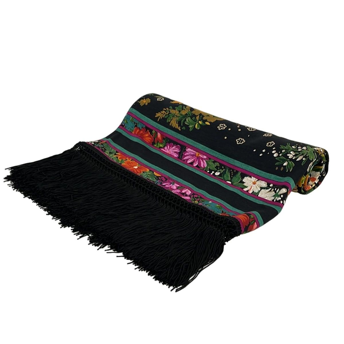 LEONARD(レオナール) ストール(ショール)美品 - 黒×グリーン×マルチ 花