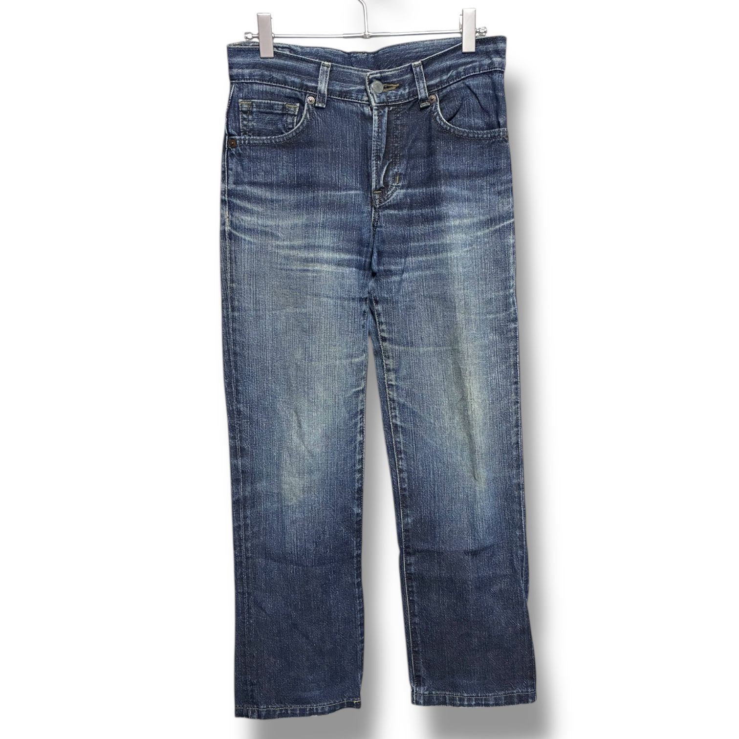 HOWELL × EDWIN レディース デニムパンツ インディゴ ウエスト66 股下81 MHO 417 C 60777 コットン100 ストレート ヴィンテージ加工 革パッチ 良好 001279 H