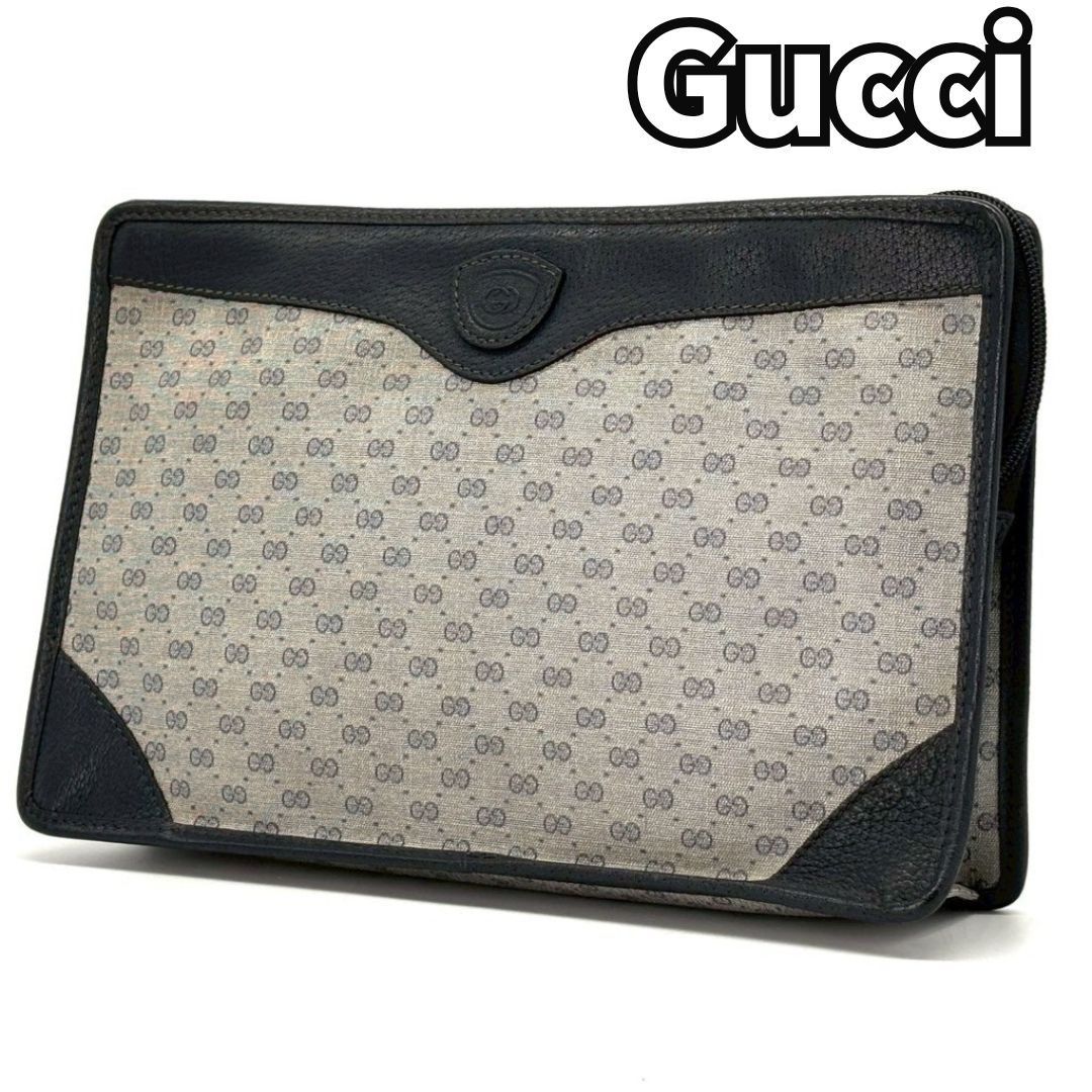 静かに品を宿す GUCCI グッチ クラッチバッグ マイクロシマ インターロッキング PVC レザー ネイビー ウール混 クラッチバッグ 