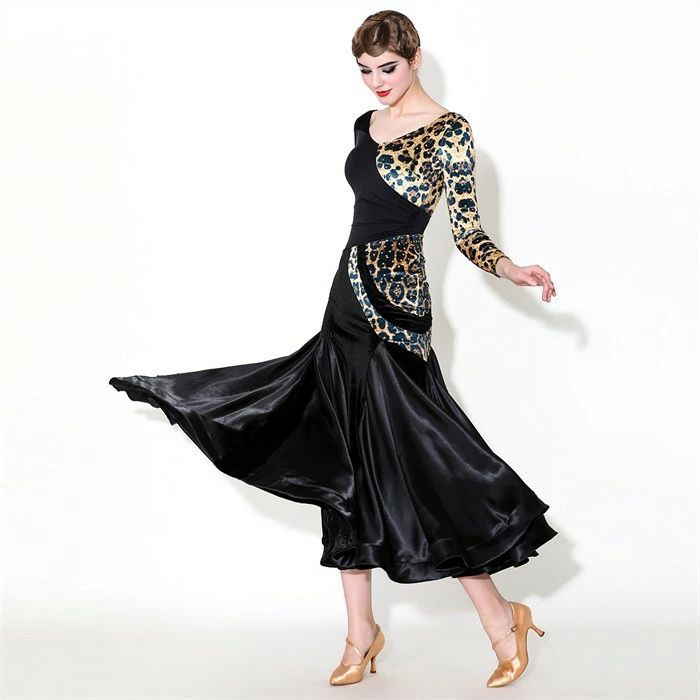 社交ダンス ドレス ロングドレス モダンドレス ヒョウ柄 ブラック 黒