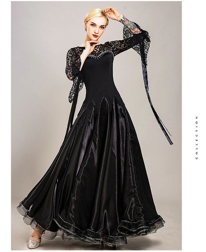 黒のフレアダンスドレス S 黒のフレアダンスドレス S 黒のフレアダンスドレス S 社交ダンスドレス