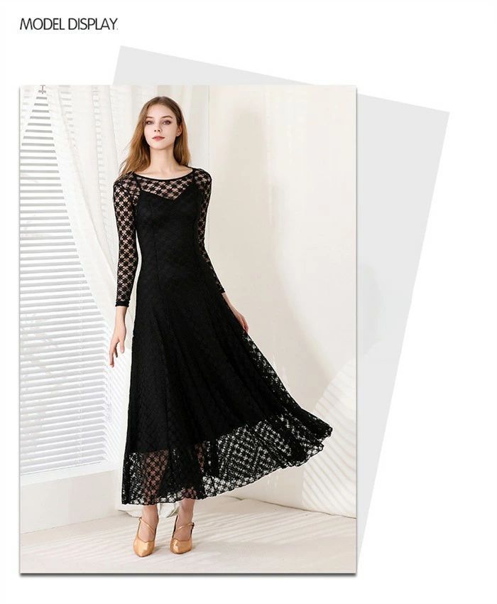 社交ダンス ドレス 2点セット モダンドレス 透け感 黒 ブラック レース 社交ダンス衣装 長袖 大きい裾 モダン ワルツ レディース ワンピース ダンス衣装 ステージ衣装 イベント パーティー 発表会 競技