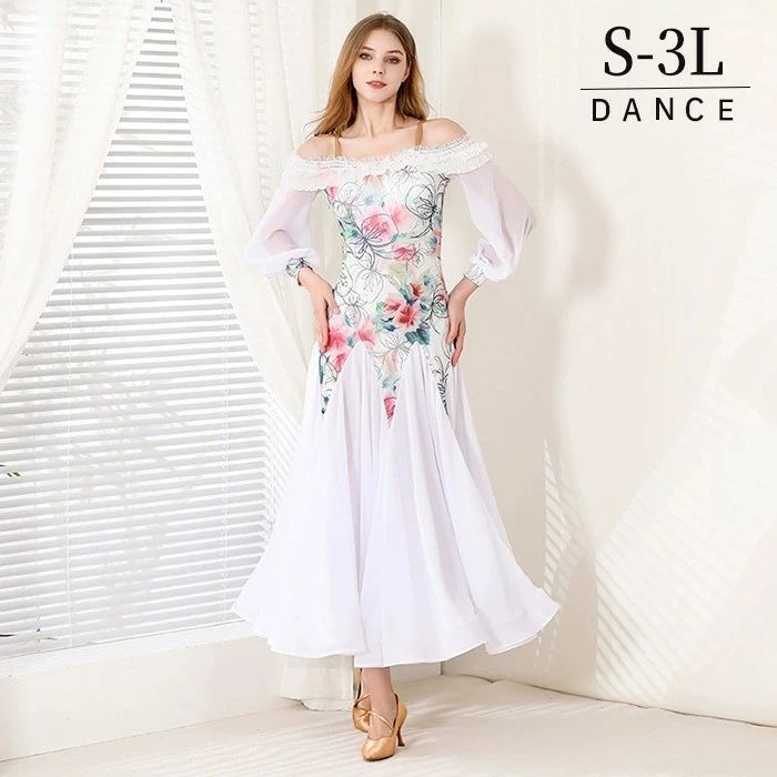 社交ダンス ドレス フリル モダンドレス 白 ホワイト 花柄 社交ダンス