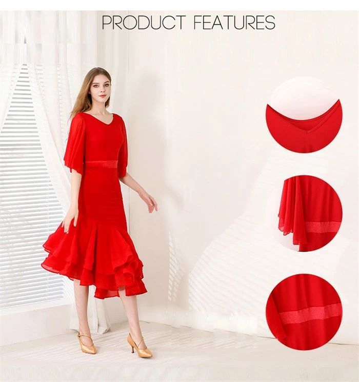 社交ダンス ドレス フリル ミモレ丈 モダンドレス 赤 レッド 社交