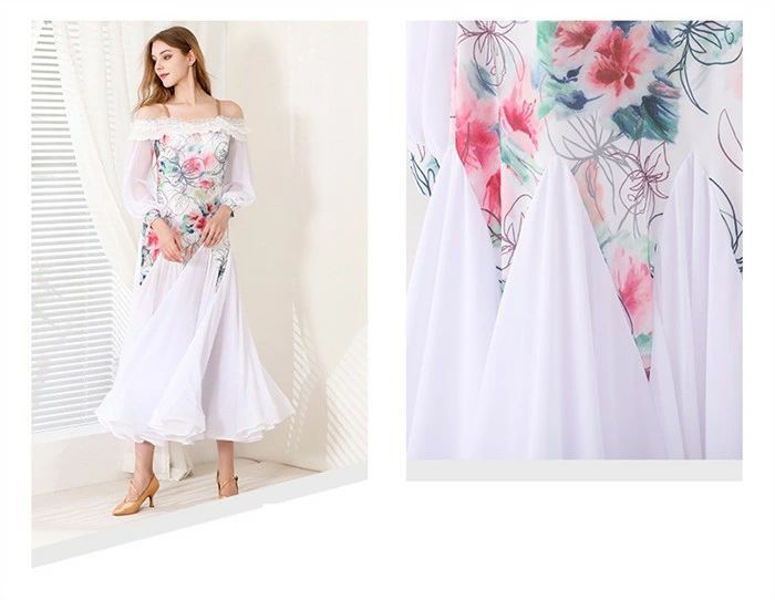 セール 社交ダンスドレス スタンダードドレス 袖フリル ホワイトオーダーメイド 社交ダンス ドレス フリル モダンドレス 白 ホワイト 花柄 社交ダンス