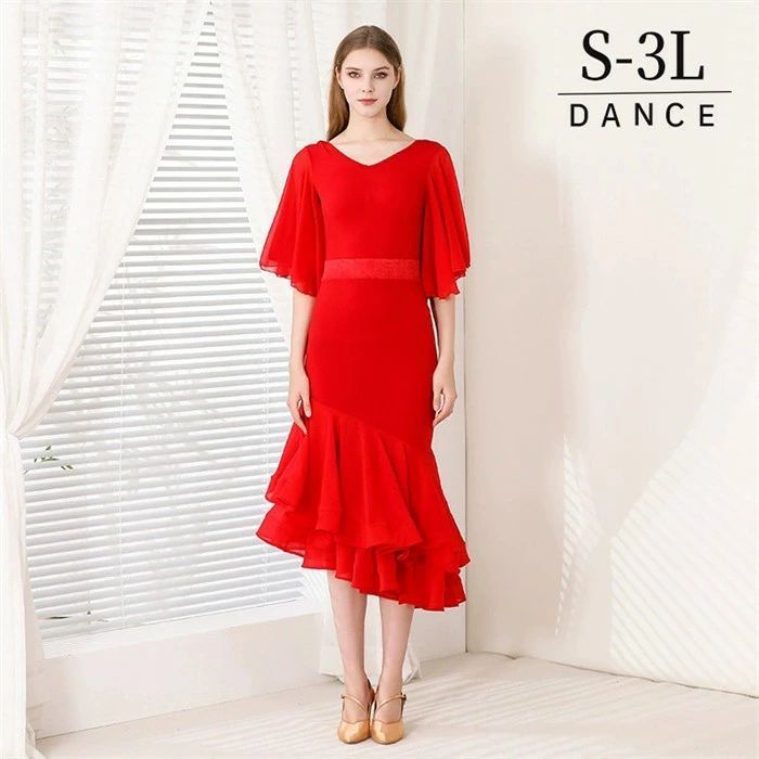 社交ダンス ドレス フリル ミモレ丈 モダンドレス 赤 レッド 社交