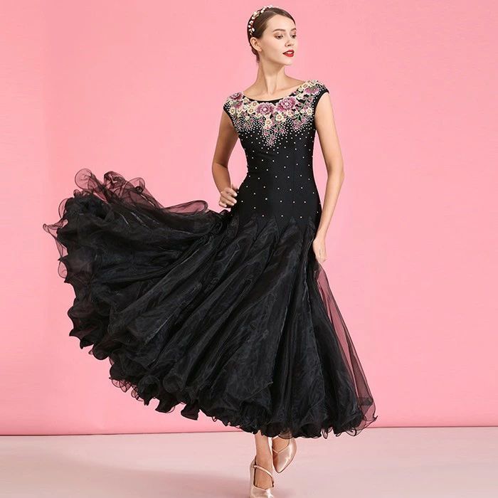 高品質 社交ダンス ドレス 社交ダンス衣装 花柄 練習着 広がる裾 発表会用 ワンピース パーティー レッスン着 発表会 競技着 演出用 開場ドレス ワルツ ロング丈 オールシーズン ブラ