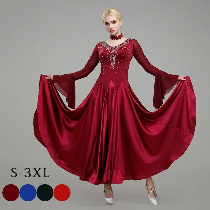 社交ダンス ドレス 社交ダンス衣装 ワンピース 長袖 ルンバ パープル 発表会 競技着 練習着 演出用 ワルツ 広がる裾 ブラック レッド ワ