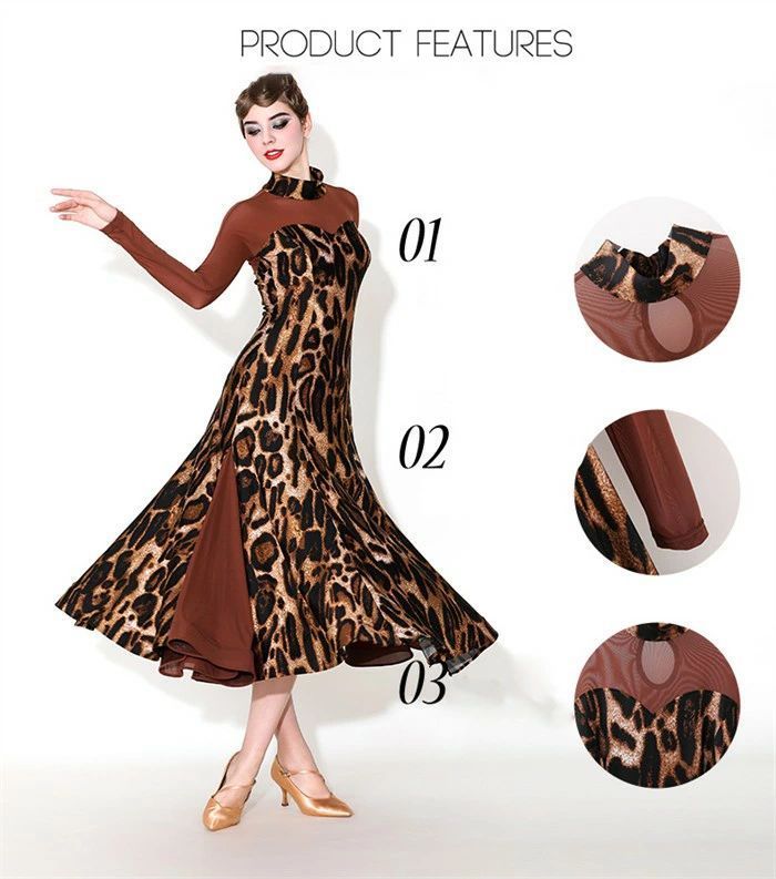 社交ダンス ドレス ロングドレス モダンドレス ヒョウ柄 ブラウン 社交ダンス衣装 大きい裾 モダン ワルツ ワンピース ダンス衣装 ステージ衣装 パーティー 発表会 競技用 コンクール 練習着 レッスン