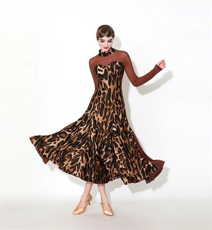 社交ダンス ドレス ロングドレス モダンドレス ヒョウ柄 ブラウン 社交