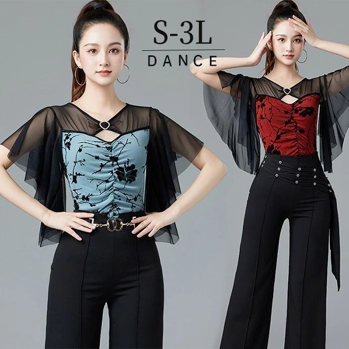 社交ダンス トップス レオタード 透け感 ブルー レッド フリル ダンス